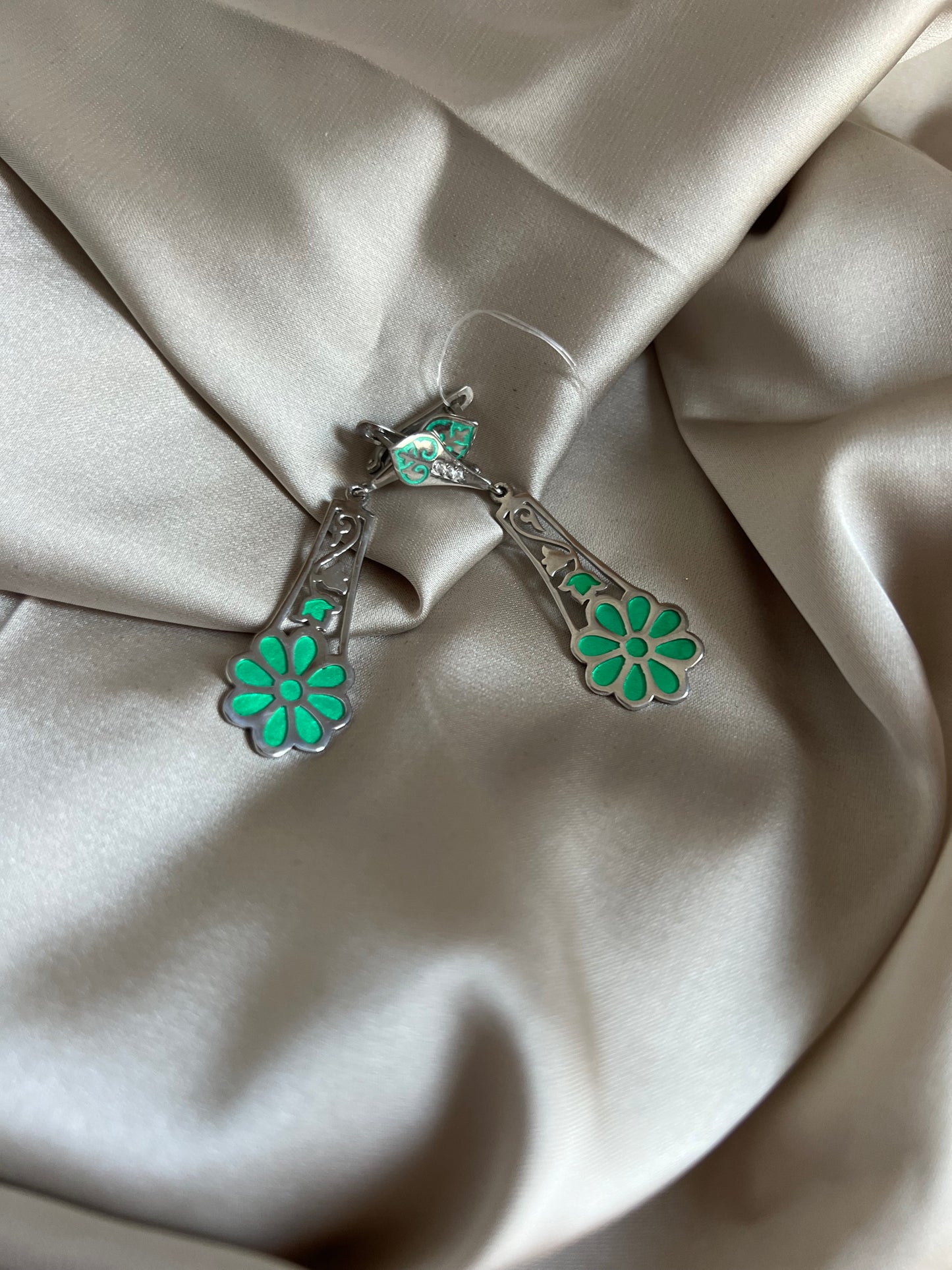 Women's Earrings Green Flower Green 925 Sterling Silver (Kazakhstan made)