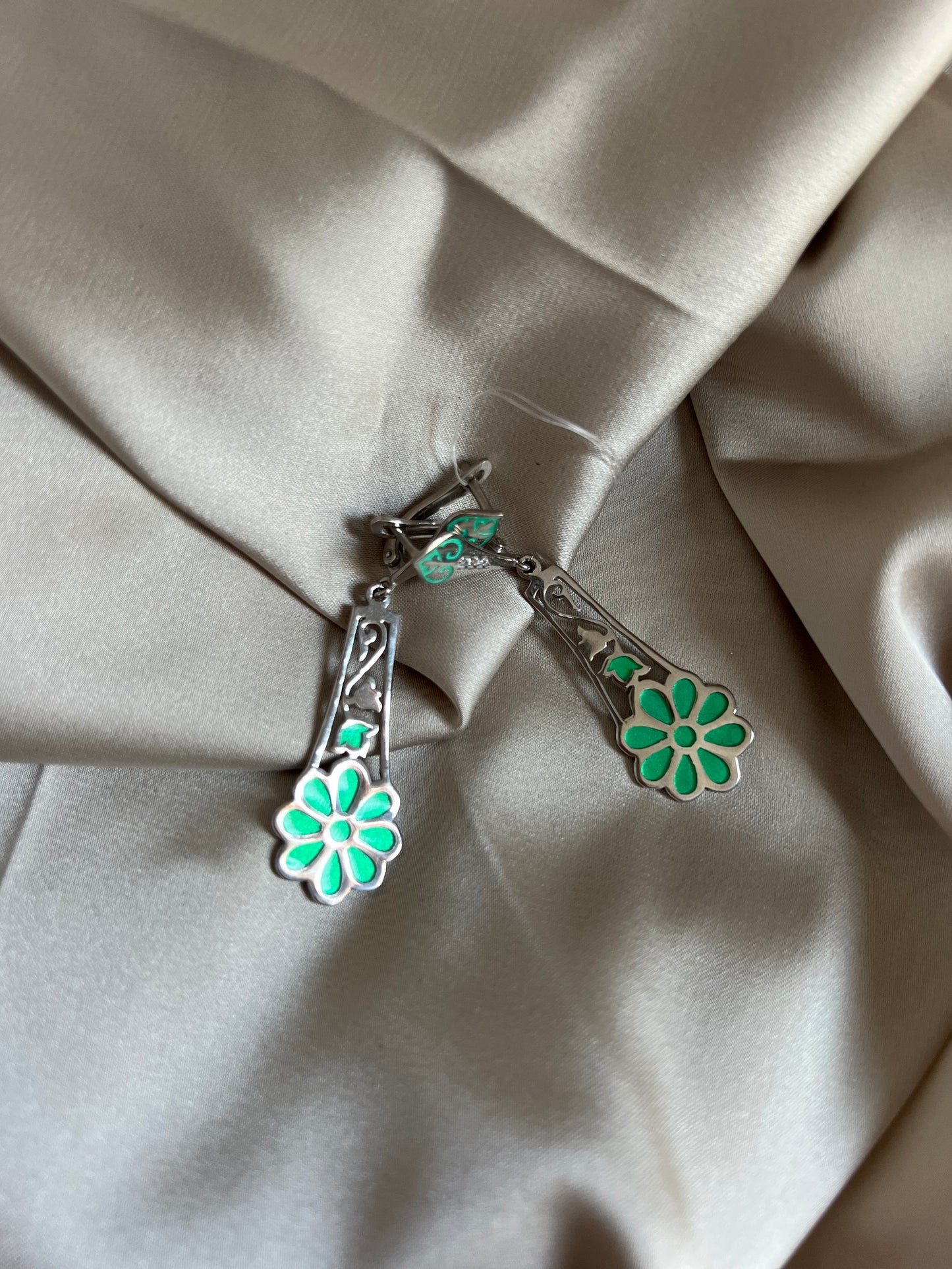 Women's Earrings Green Flower Green 925 Sterling Silver (Kazakhstan made)