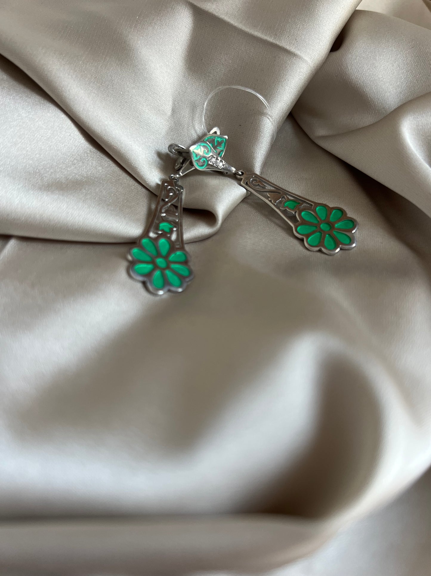 Women's Earrings Green Flower Green 925 Sterling Silver (Kazakhstan made)